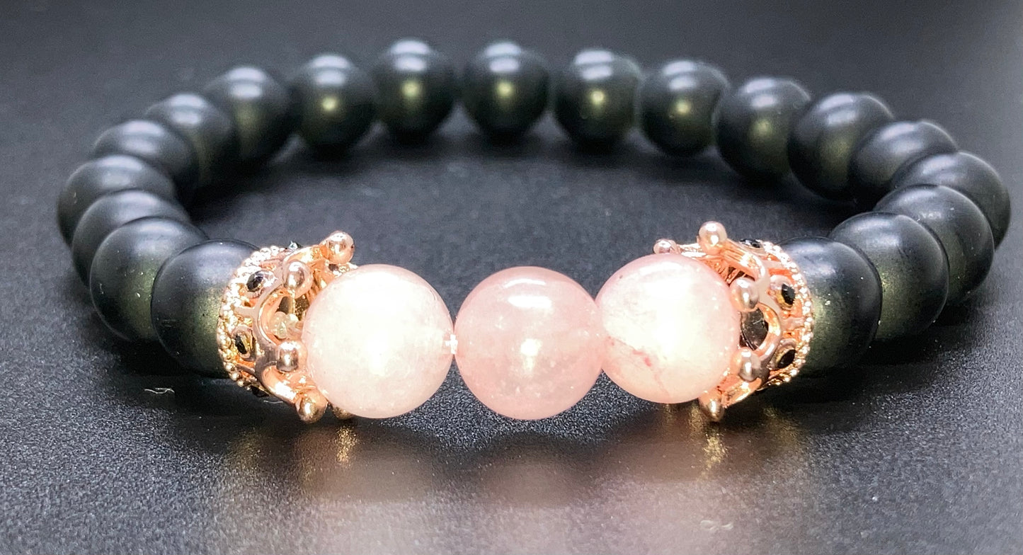 Onyx & Rose Quartz 8mm charm bracelet