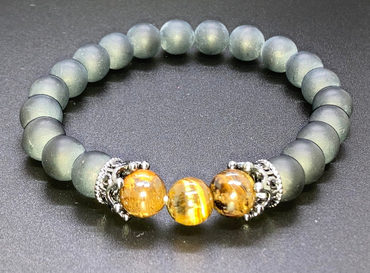 Matte Onyx & Tigers eye 8mm matching charm bracelet