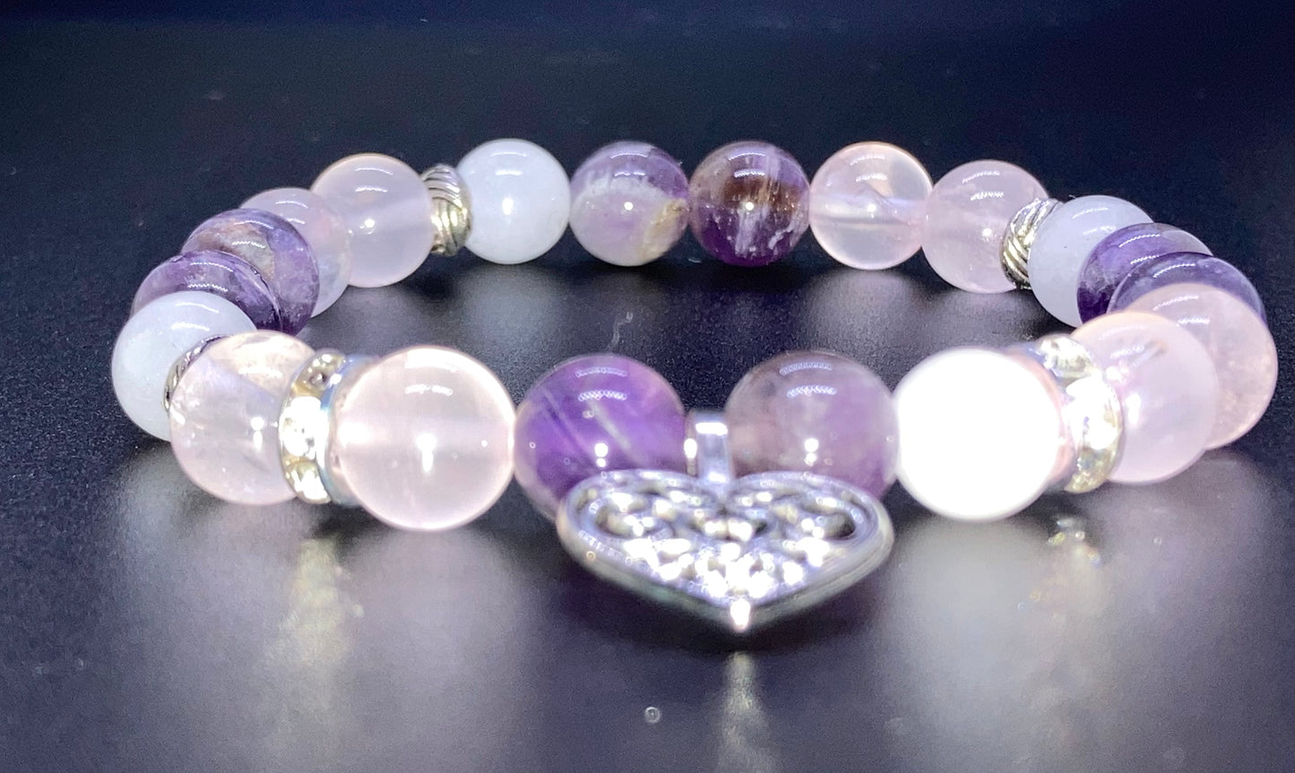 Amethyst, Rose Quartz & White Agate 8mm heart charm bracelet