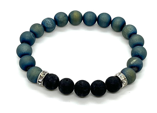 Peacock Druzy quartz and lava stone 8mm bracelet