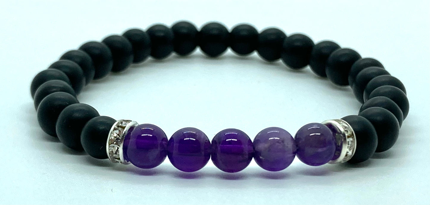 Black Obsidian matte & Amethyst quartz 6mm