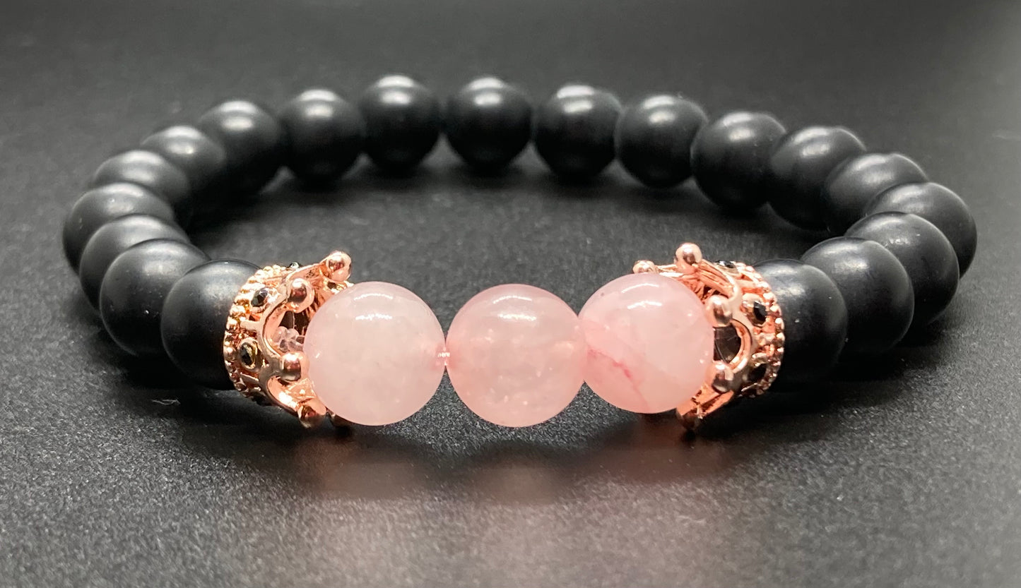 Onyx & Rose Quartz 8mm charm bracelet