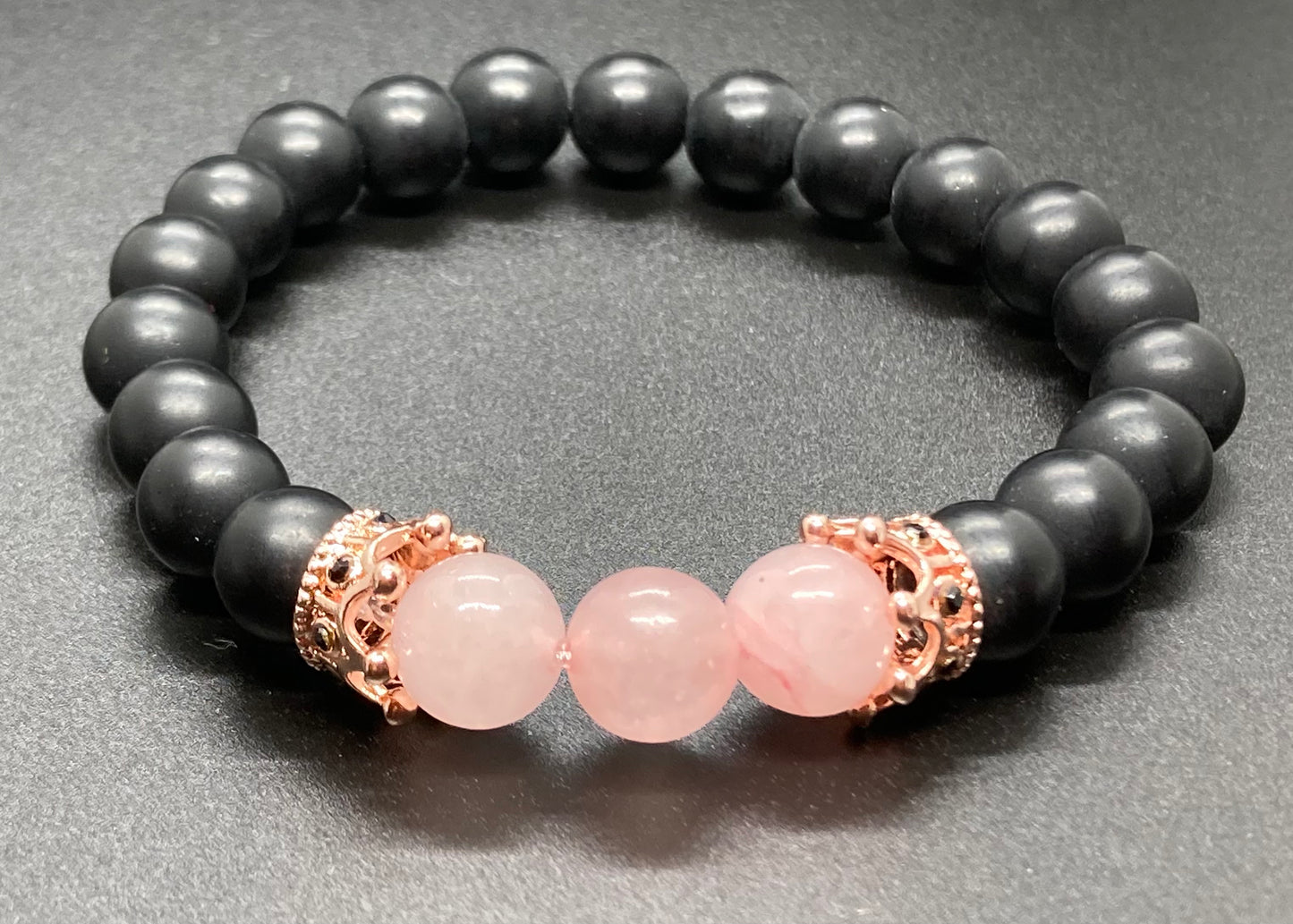 Onyx & Rose Quartz 8mm charm bracelet