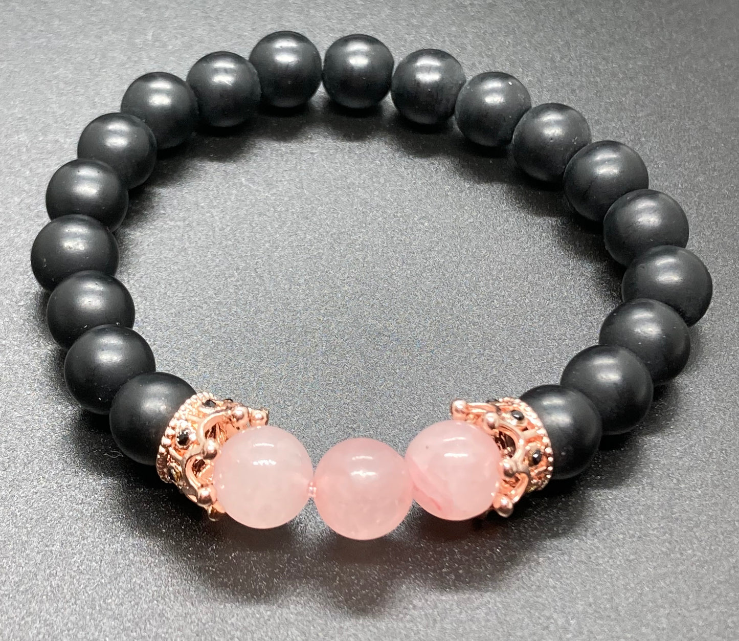 Onyx & Rose Quartz 8mm charm bracelet