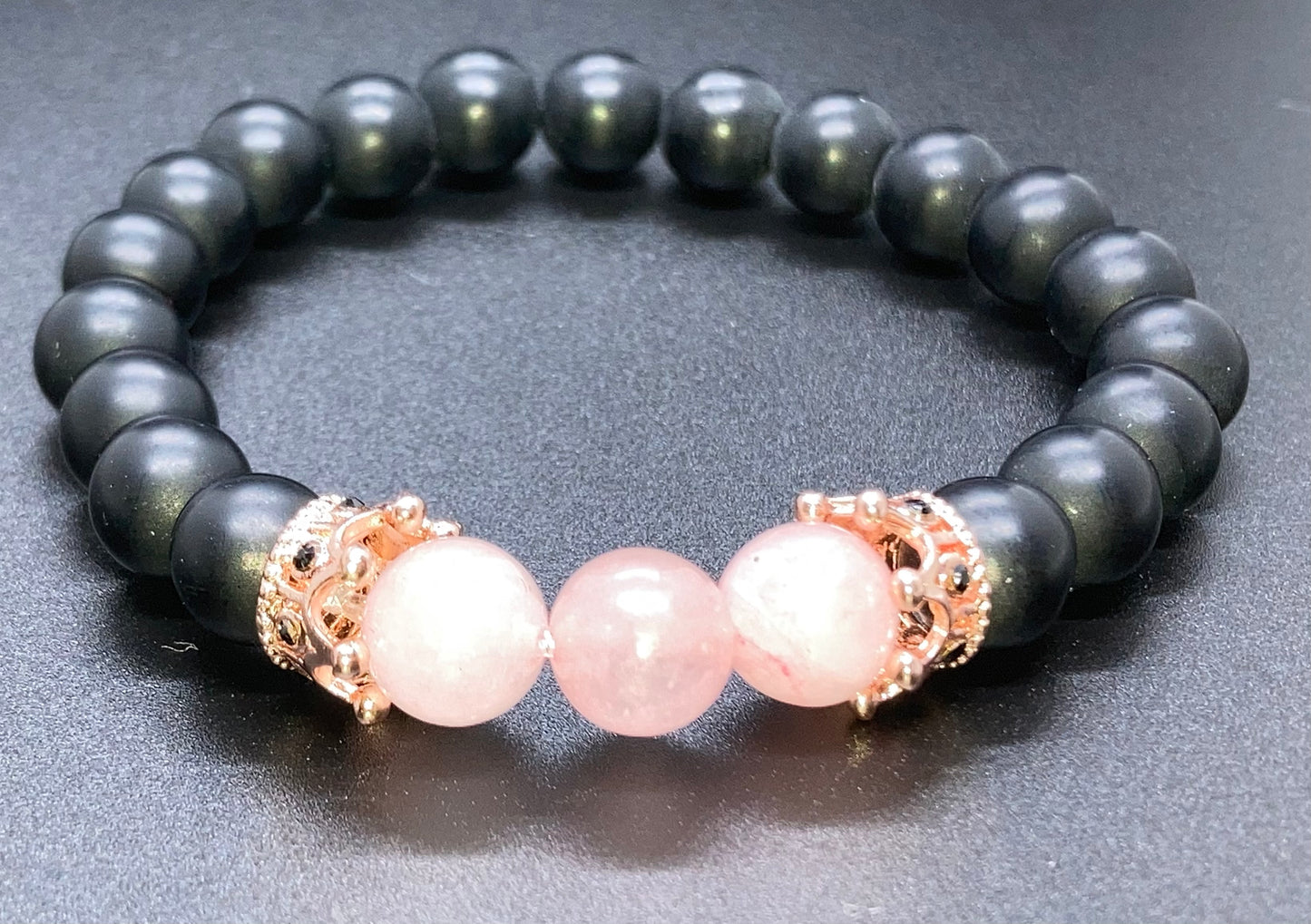 Onyx & Rose Quartz 8mm charm bracelet