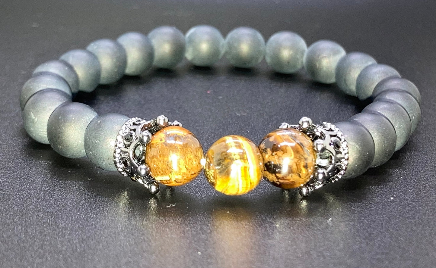 Matte Onyx & Tigers eye 8mm matching charm bracelet