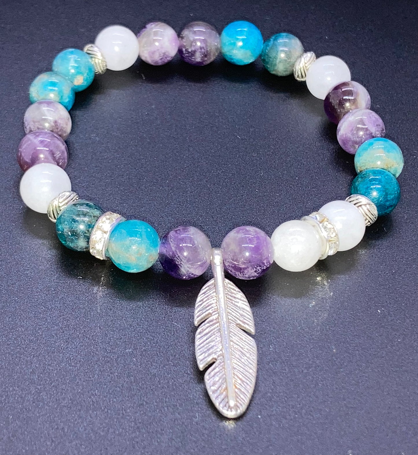 Amethyst, Apatite & White Agate feather charm bracelet 8mm