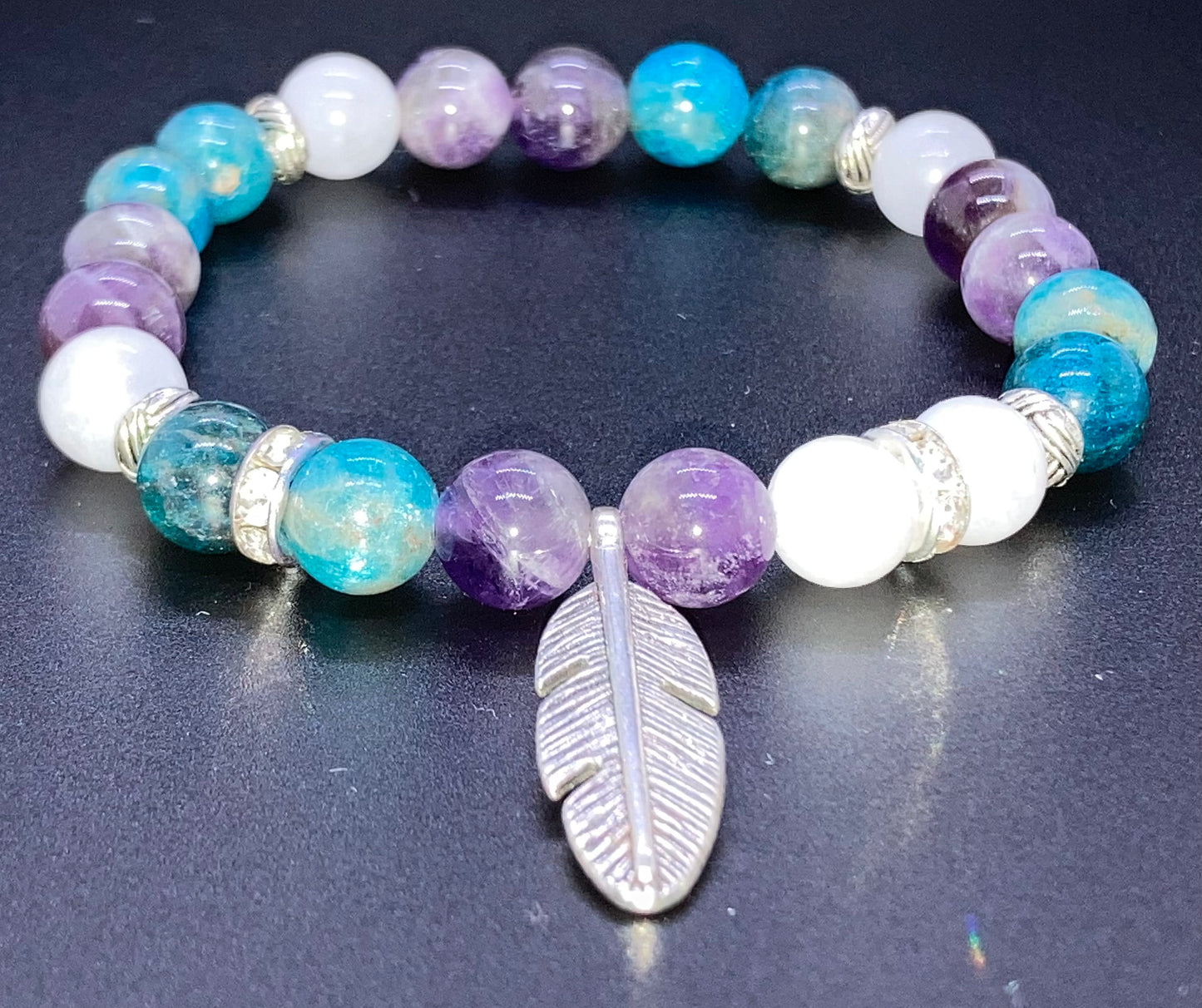Amethyst, Apatite & White Agate feather charm bracelet 8mm