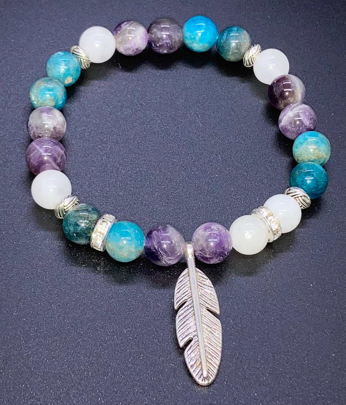 Amethyst, Apatite & White Agate feather charm bracelet 8mm