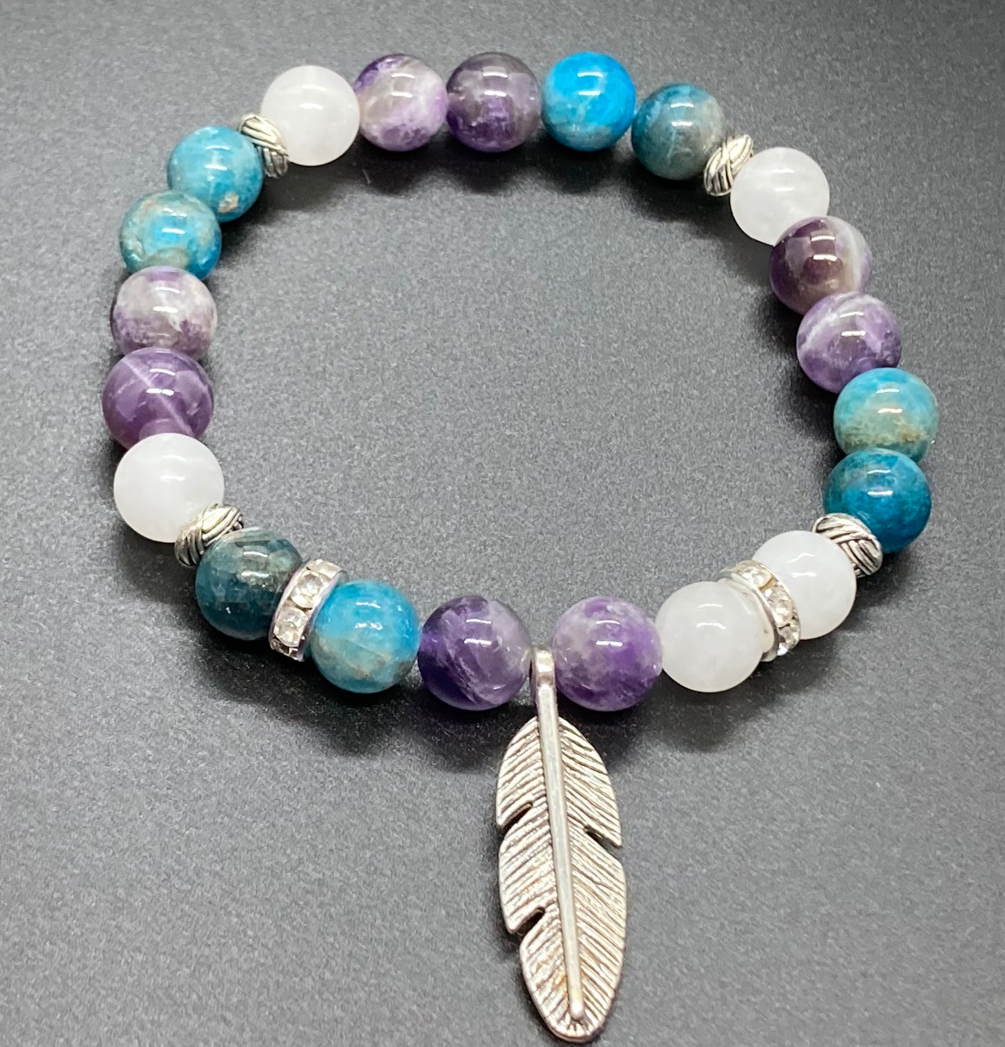 Amethyst, Apatite & White Agate feather charm bracelet 8mm