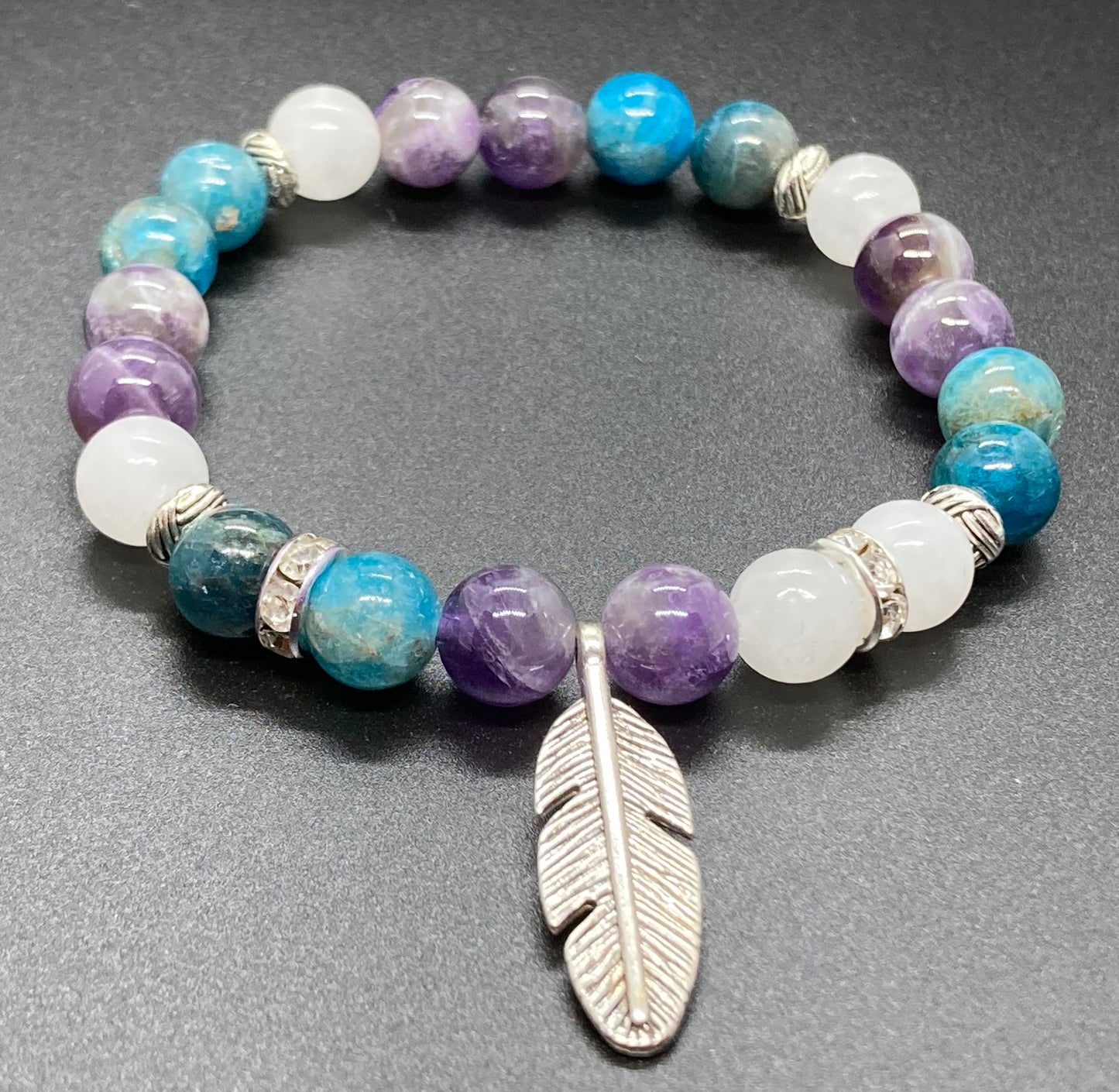 Amethyst, Apatite & White Agate feather charm bracelet 8mm