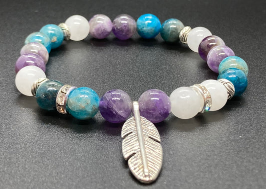 Amethyst, Apatite & White Agate feather charm bracelet 8mm