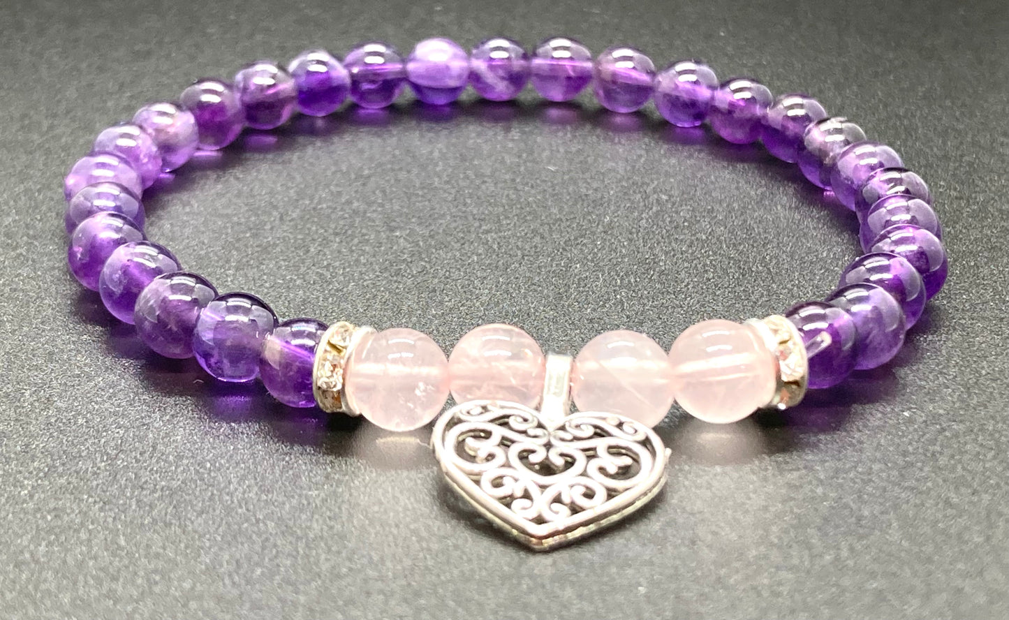 Amethyst & Rose Quartz heart Charm bracelet 6mm