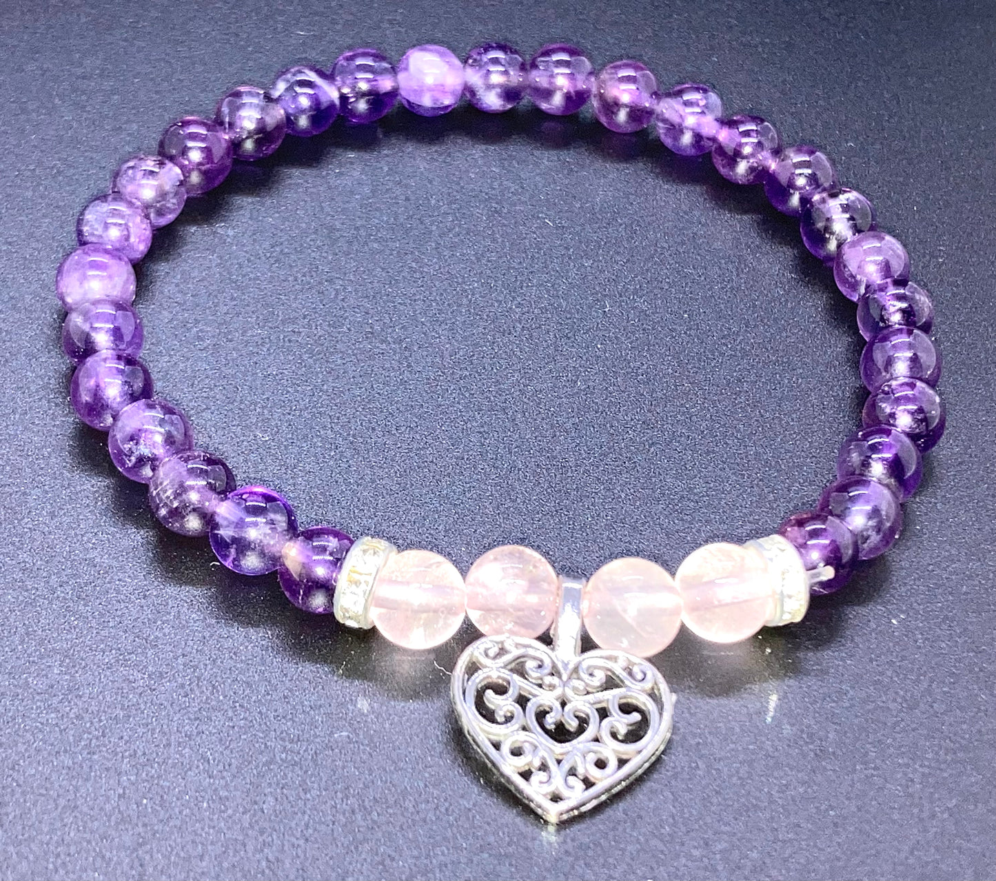 Amethyst & Rose Quartz heart Charm bracelet 6mm