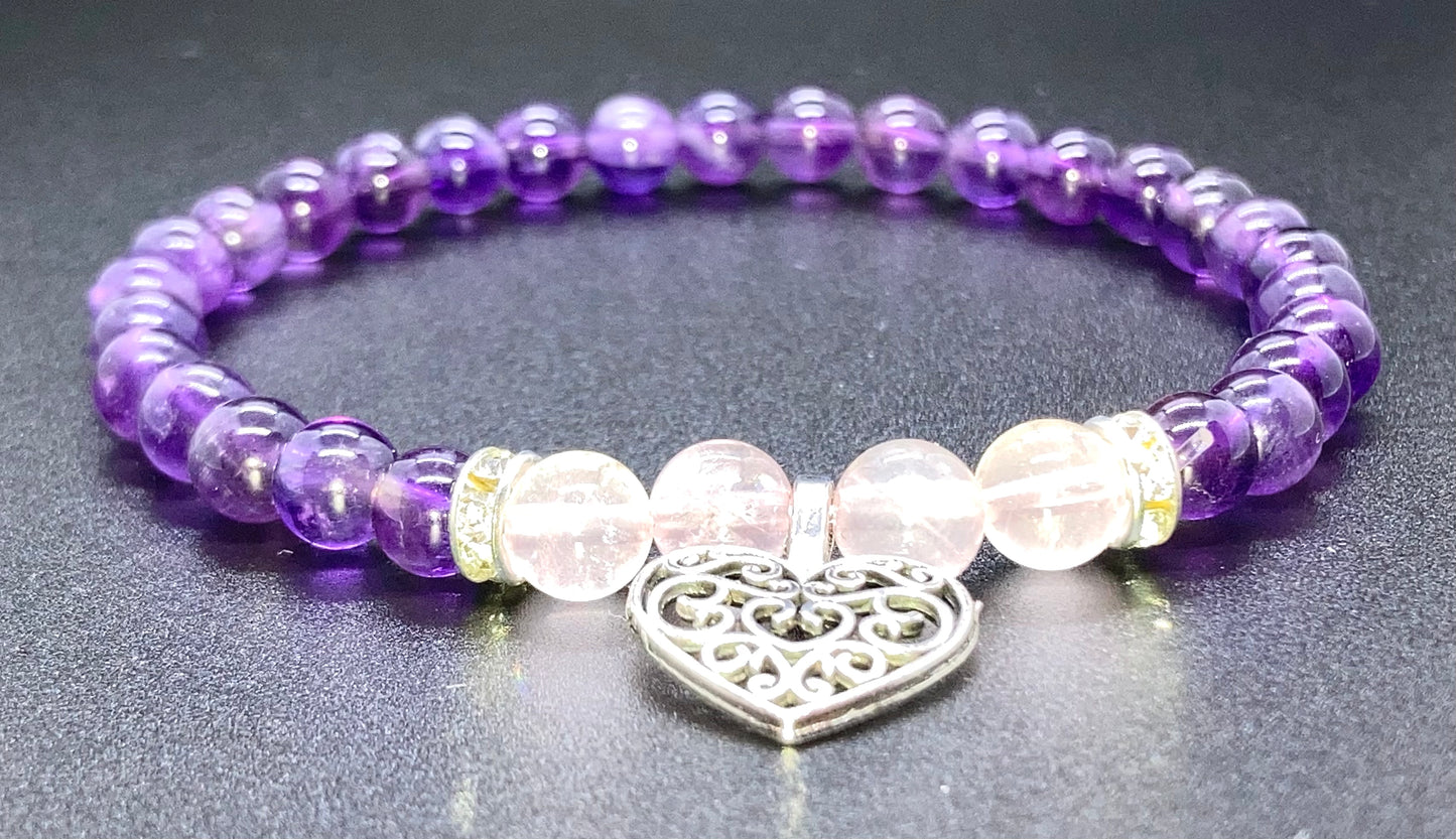 Amethyst & Rose Quartz heart Charm bracelet 6mm