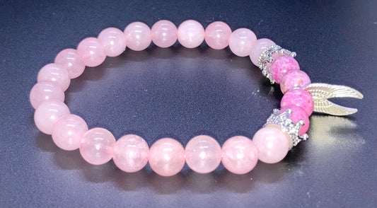 Rose Quartz & Pink/ Purple Sugilite Angel wings charm bracelet 8mm