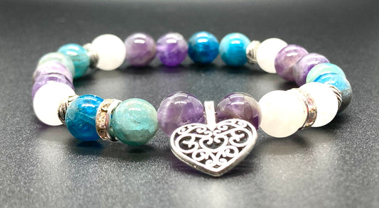 Amethyst, Apatite & White Agate heart charm 8mm bracelet