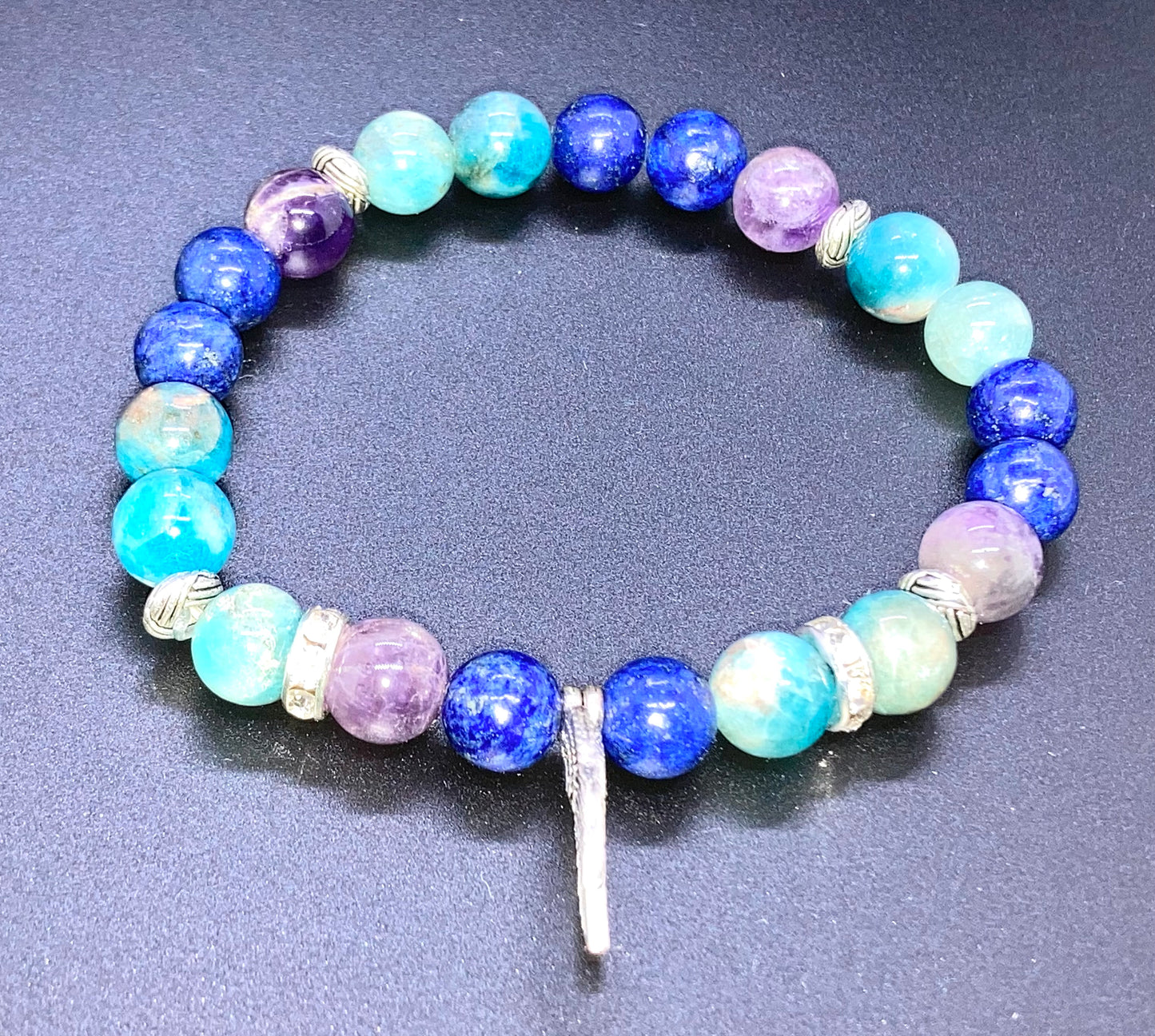 Amethyst, Apatite & Lapis Lazuli 8mm Angel wings charm bracelet