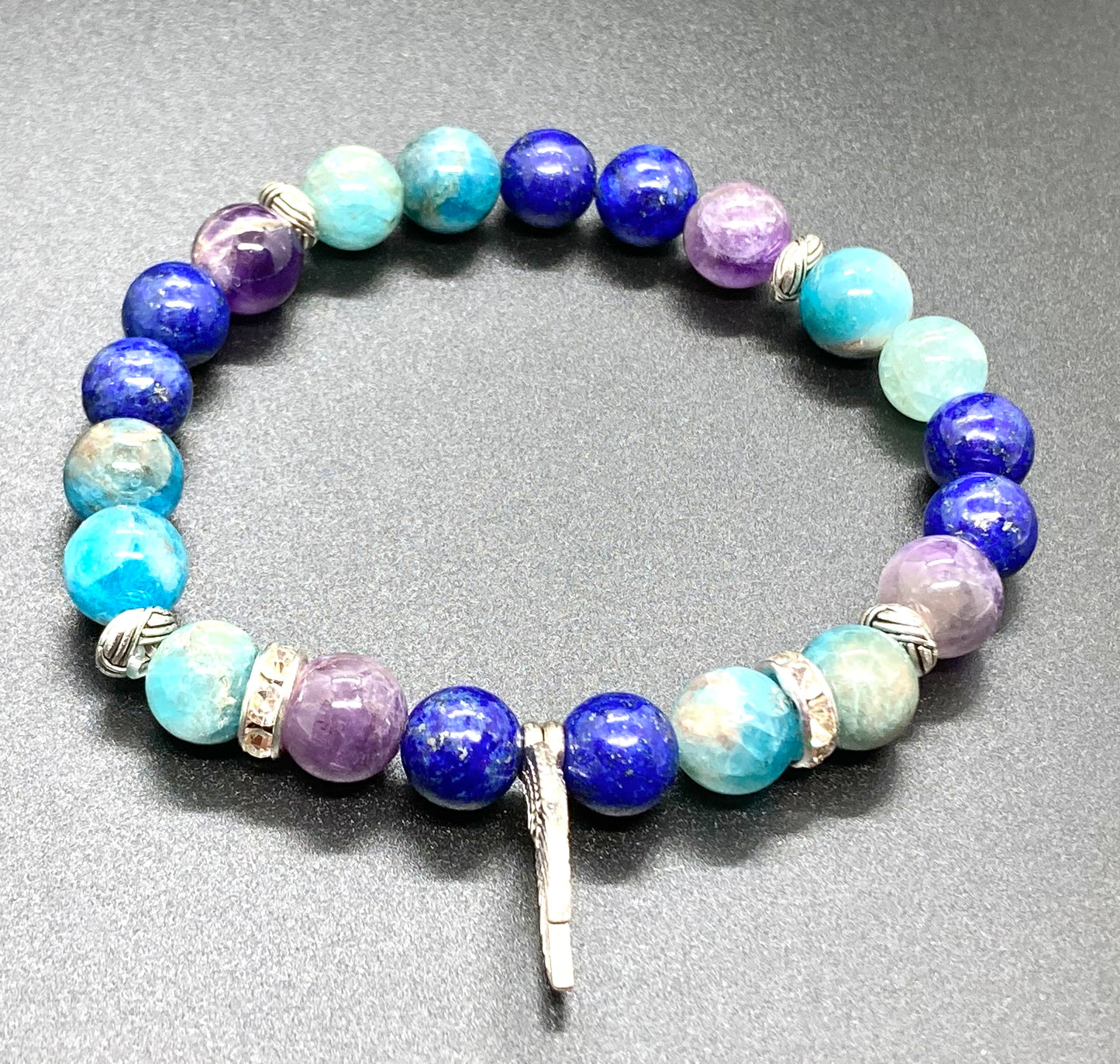 Amethyst, Apatite & Lapis Lazuli 8mm Angel wings charm bracelet