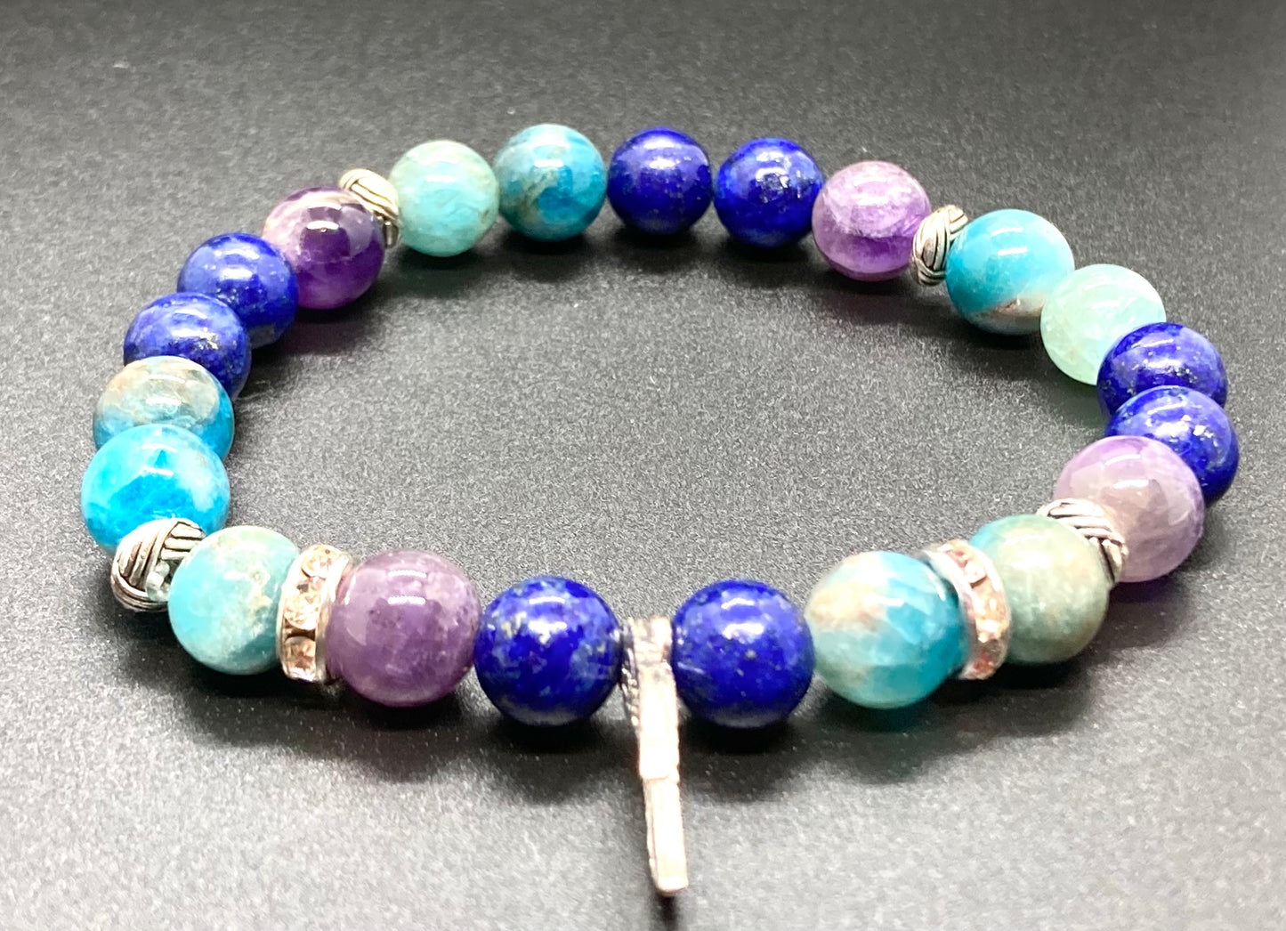 Amethyst, Apatite & Lapis Lazuli 8mm Angel wings charm bracelet