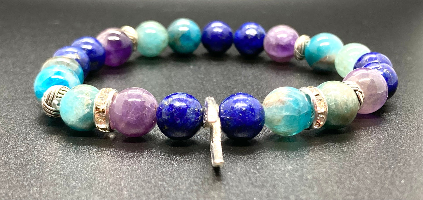 Amethyst, Apatite & Lapis Lazuli 8mm Angel wings charm bracelet