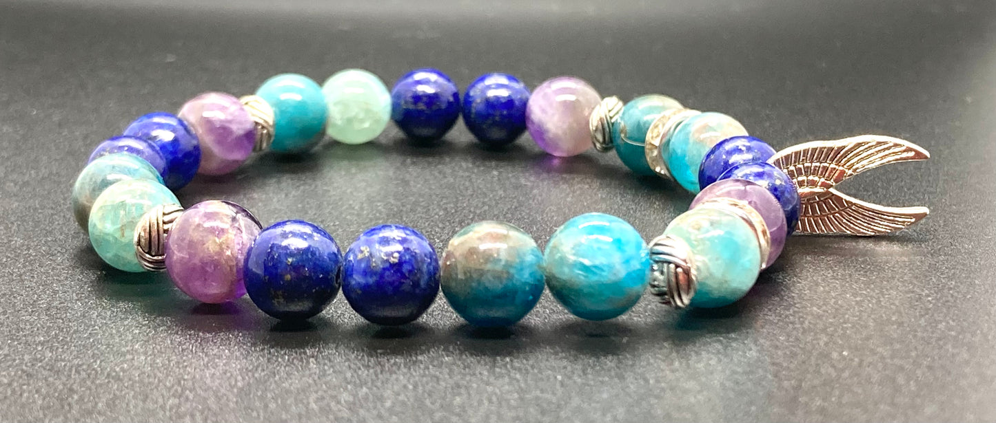 Amethyst, Apatite & Lapis Lazuli 8mm Angel wings charm bracelet