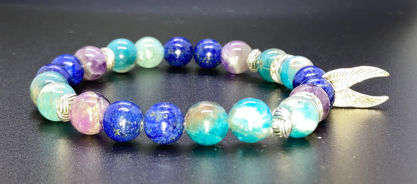 Amethyst, Apatite & Lapis Lazuli 8mm Angel wings charm bracelet