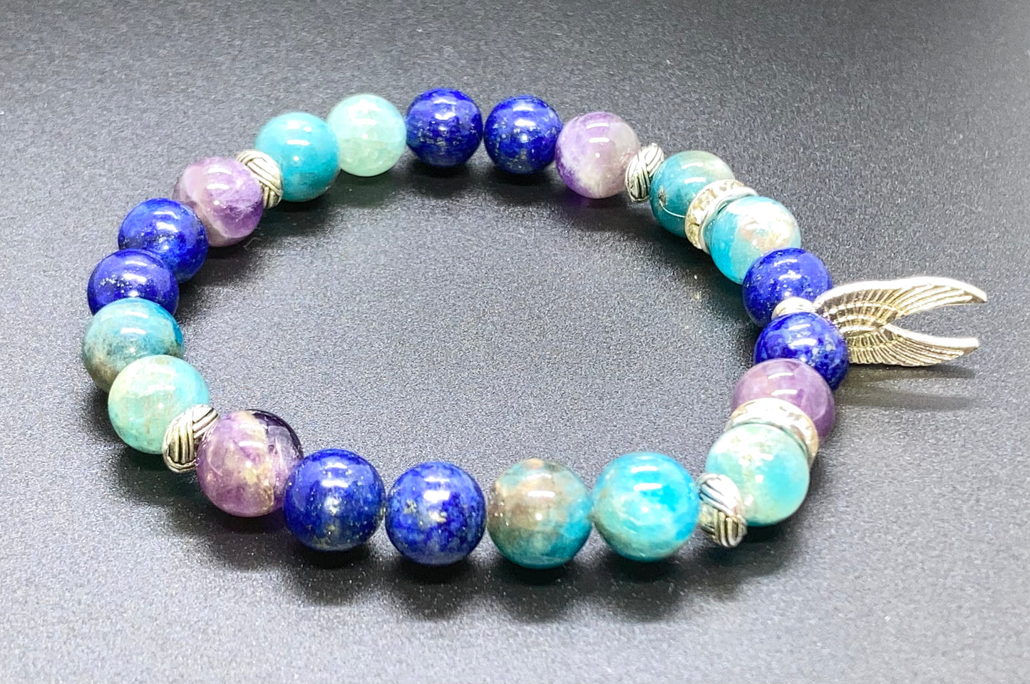 Amethyst, Apatite & Lapis Lazuli 8mm Angel wings charm bracelet