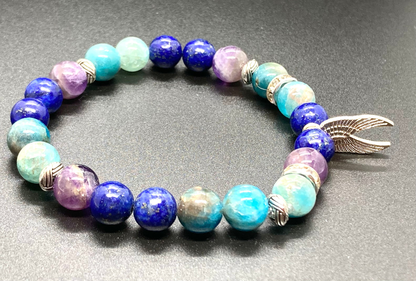 Amethyst, Apatite & Lapis Lazuli 8mm Angel wings charm bracelet