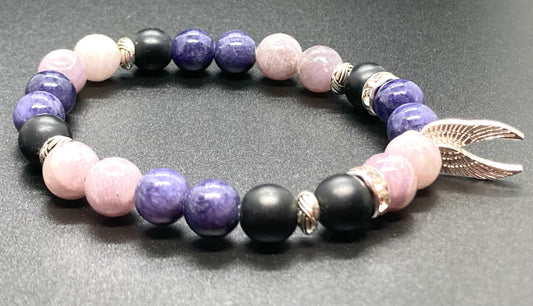 Purple Jade, Lilac Lepidolite & Matte Onyx 8mm Angel wings charm bracelet