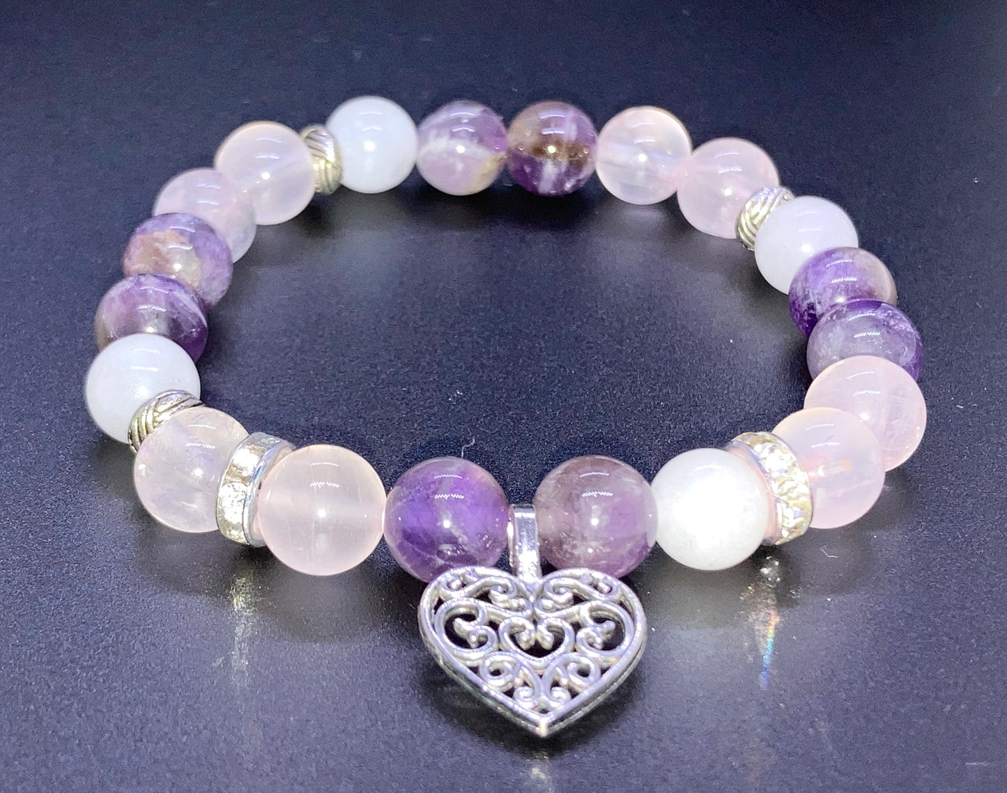 Amethyst, Rose Quartz & White Agate 8mm heart charm bracelet