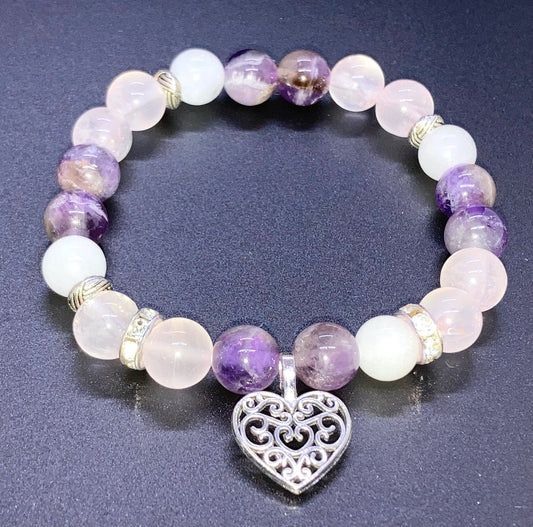 Amethyst, Rose Quartz & White Agate 8mm heart charm bracelet