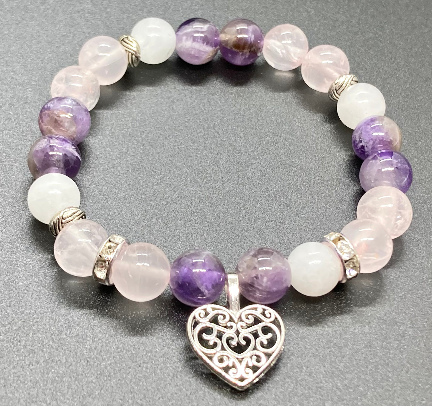 Amethyst, Rose Quartz & White Agate 8mm heart charm bracelet