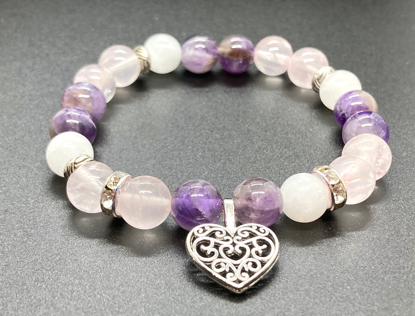 Amethyst, Rose Quartz & White Agate 8mm heart charm bracelet