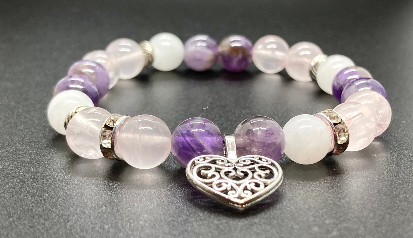 Amethyst, Rose Quartz & White Agate 8mm heart charm bracelet
