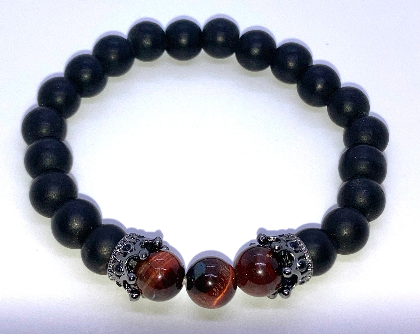 Matte Onyx & Red Tigers eye 8mm matching charm bracelets